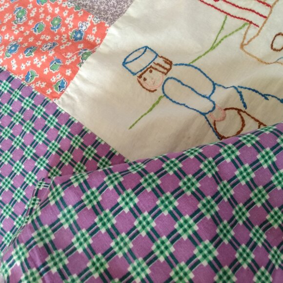 Vintage Quilt Top Unfinished Embroidered Dutch Boy Girl 42" by 48" Stained AS IS - Picture 10 of 16